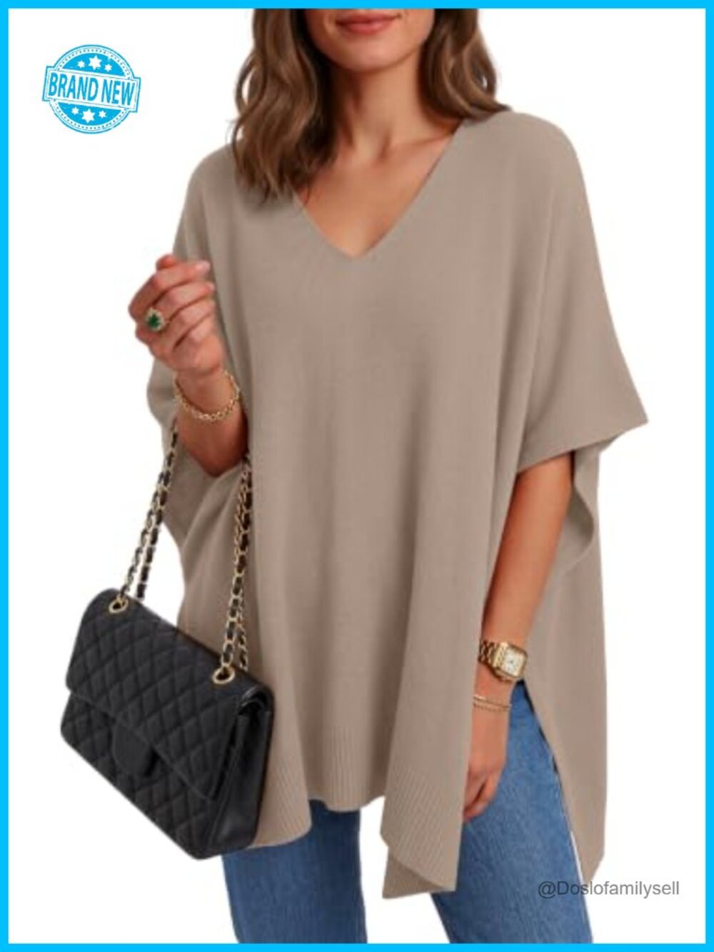 Oversized V Neck Poncho Sweater Batwing Sleeve Pullover Knit Top